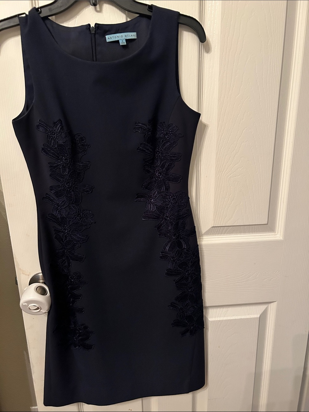ANTONIO MELANI Navy Sleeveless Sheath Dress with Floral Appliqué